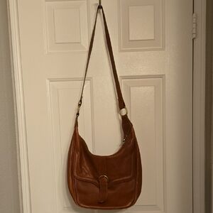 Chestnut Leather Hobo Shoulder Bag with Front Strap Accent